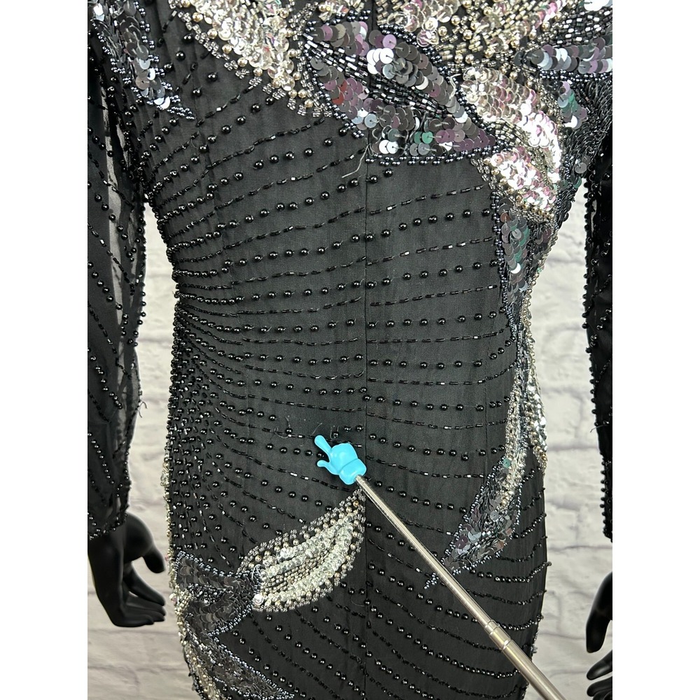 A.J. BARI Silk Beaded Sequins‎ Long Sleeve Fashion Dress Black Women's 6 Flaws - Picture 8 of 10